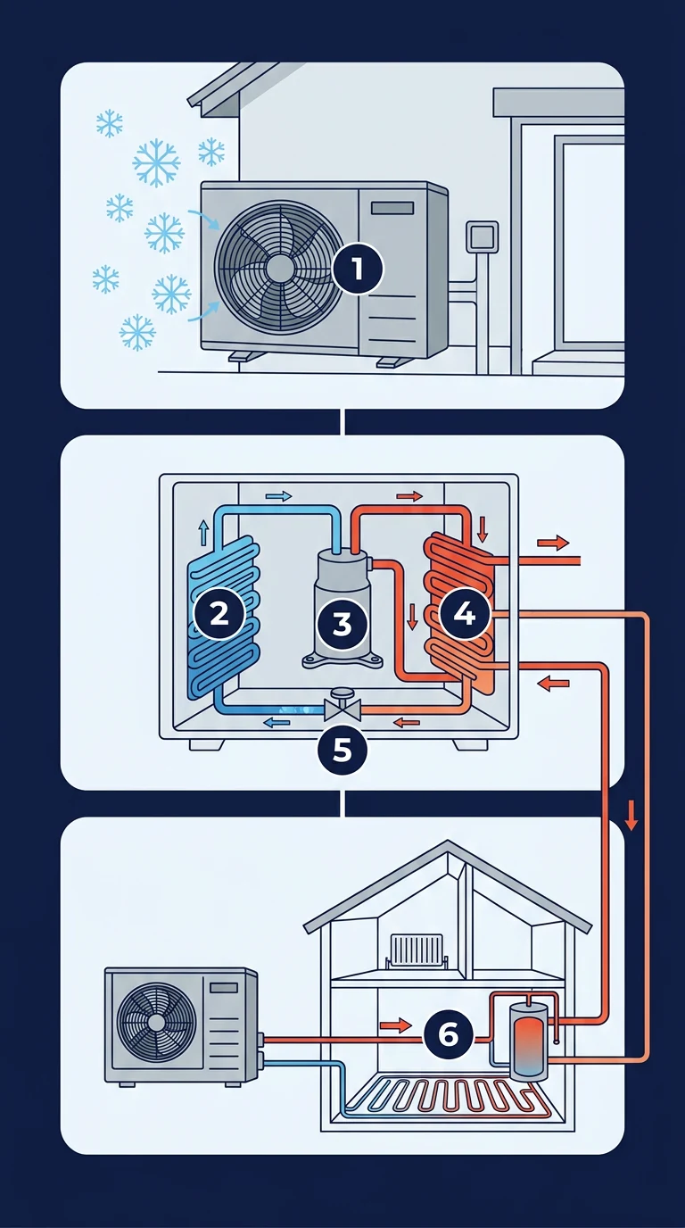 Gaiss-ūdens siltumsūkņa darbības shēma ar sešiem numurētiem posmiem: āra bloks ar ventilatoru, iztvaicētājs, kompresors, kondensators, izplešanās vārsts un apkure ar karsto ūdeni mājā