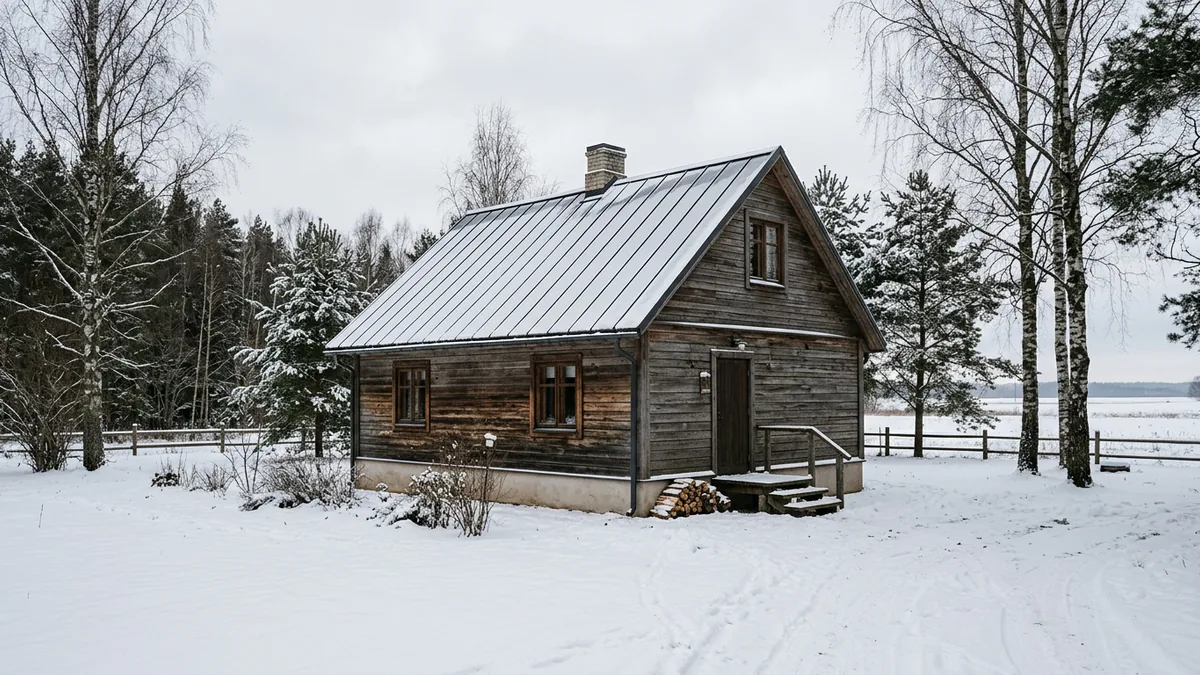 Neliela lauku brīvdienu māja ar koka apdari un metāla jumtu sniegotā ainavā.