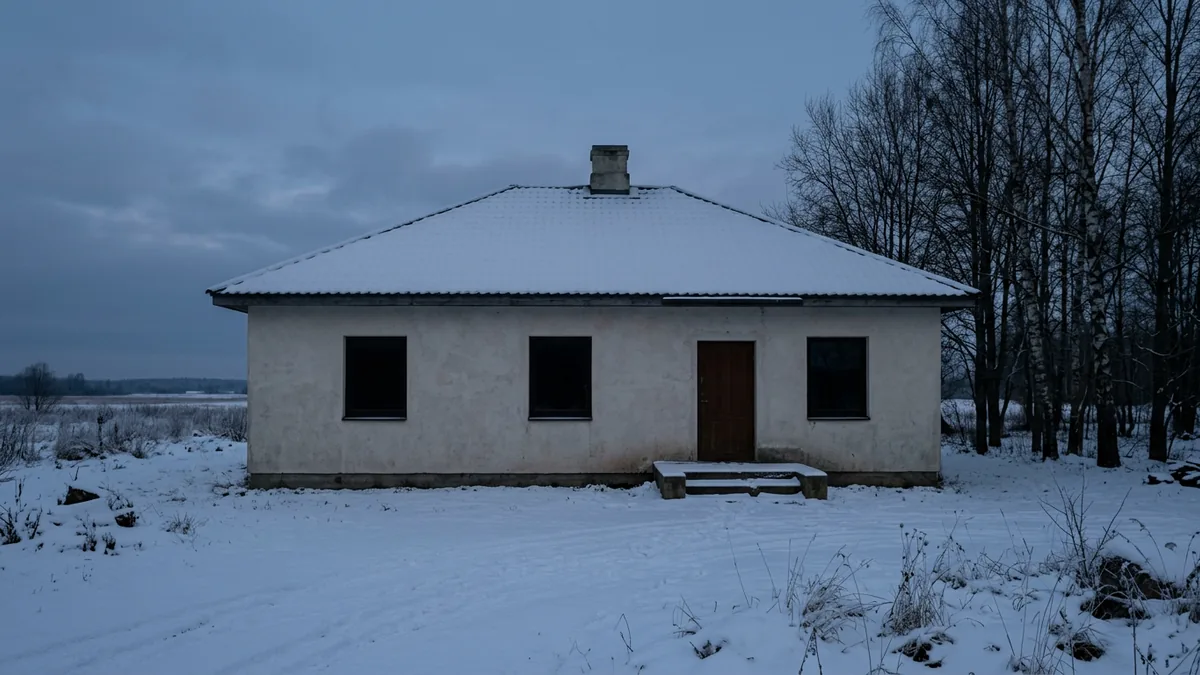 Apmesta vienstāva privātmāja ar tumšiem logiem sniegotā ainavā ziemas krēslā.