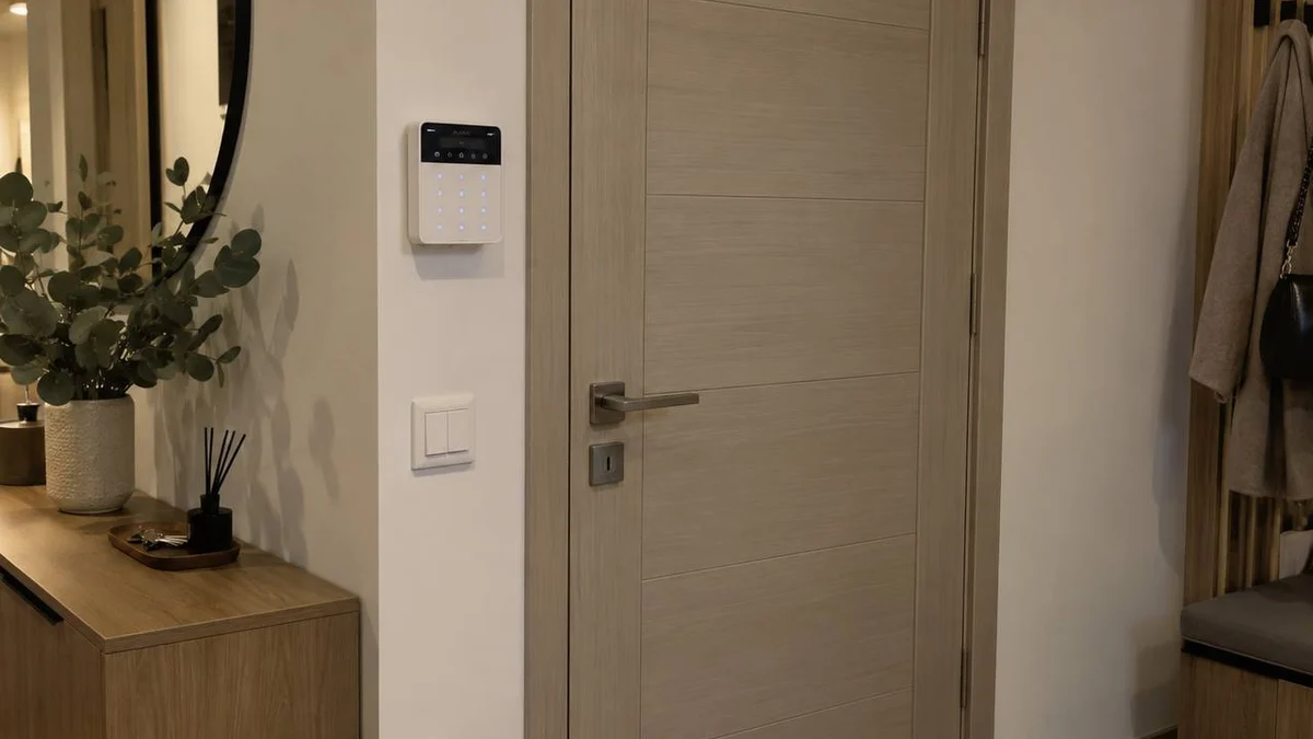 Neliela signalizācijas klaviatūra uz sienas pie mājas durvīm