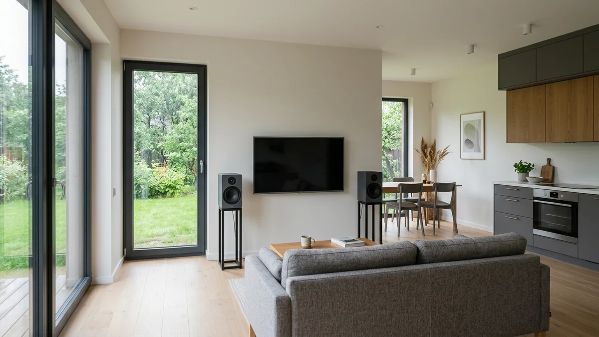Divi mūsdienīgi stereo skaļruņi privātmājas viesistabā abpus televizoram