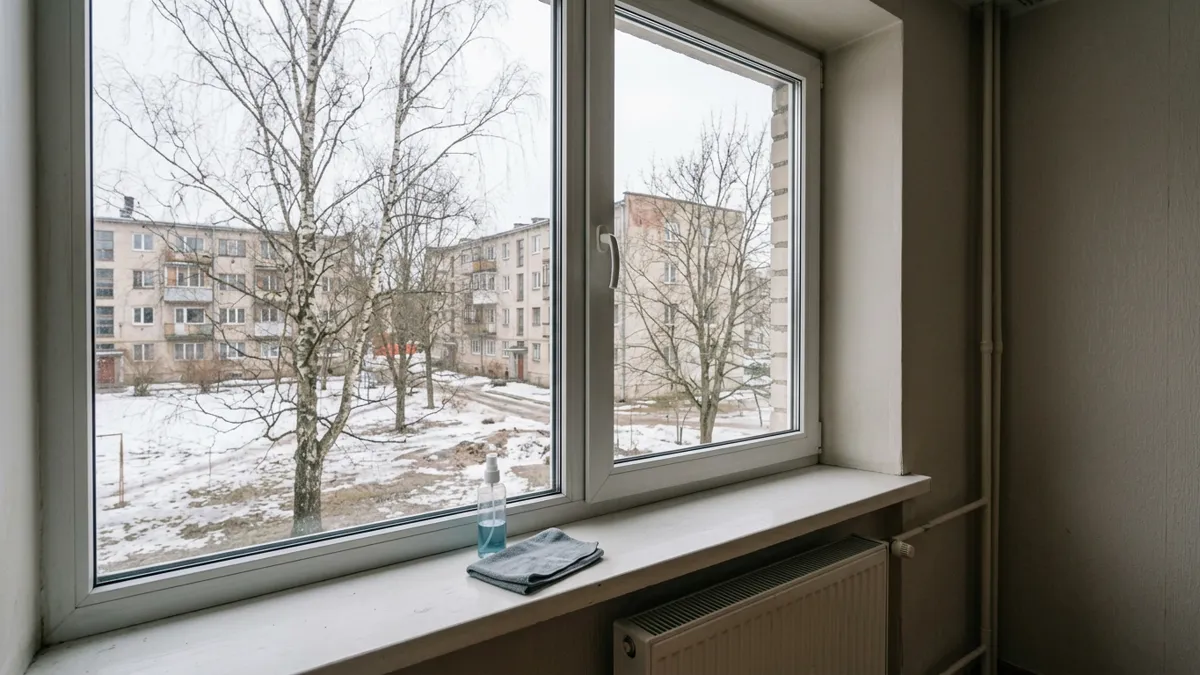 Dzīvokļa logs ziemā ar radiatoru un tīrīšanas piederumiem telpā