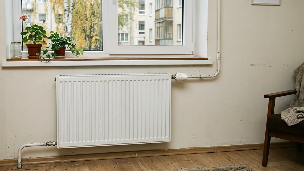 Paneļu radiators Latvijas dzīvoklī zem loga