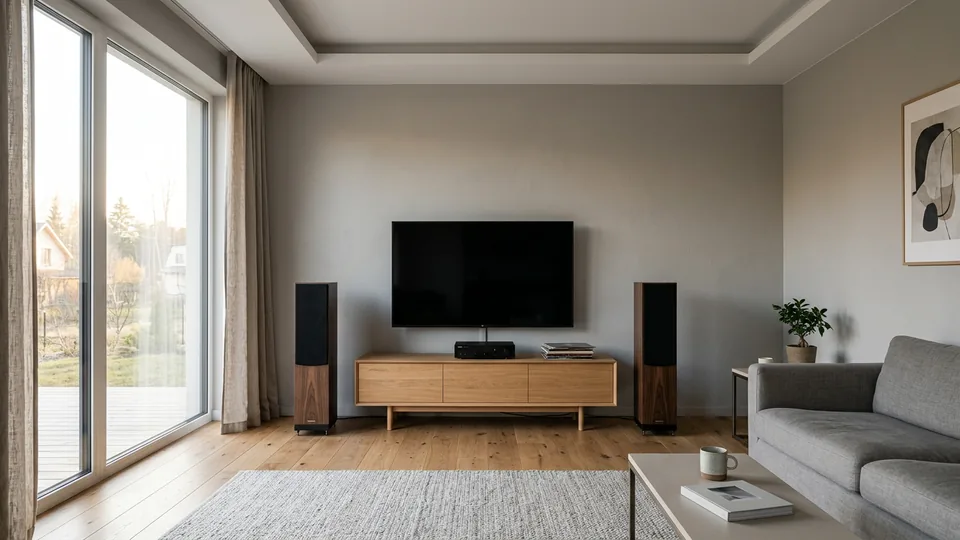 Mājas audio sistēma ar diviem skaļruņiem pie televizora